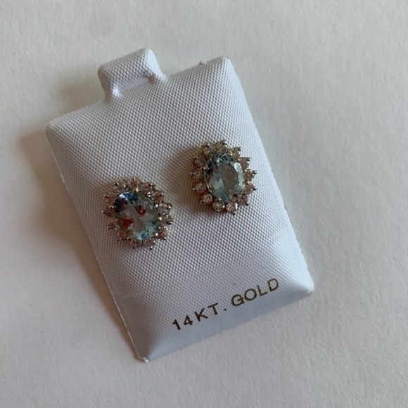 Aquamarine Blue Oval Diamond Stud Earrings - Picture 1 of 6